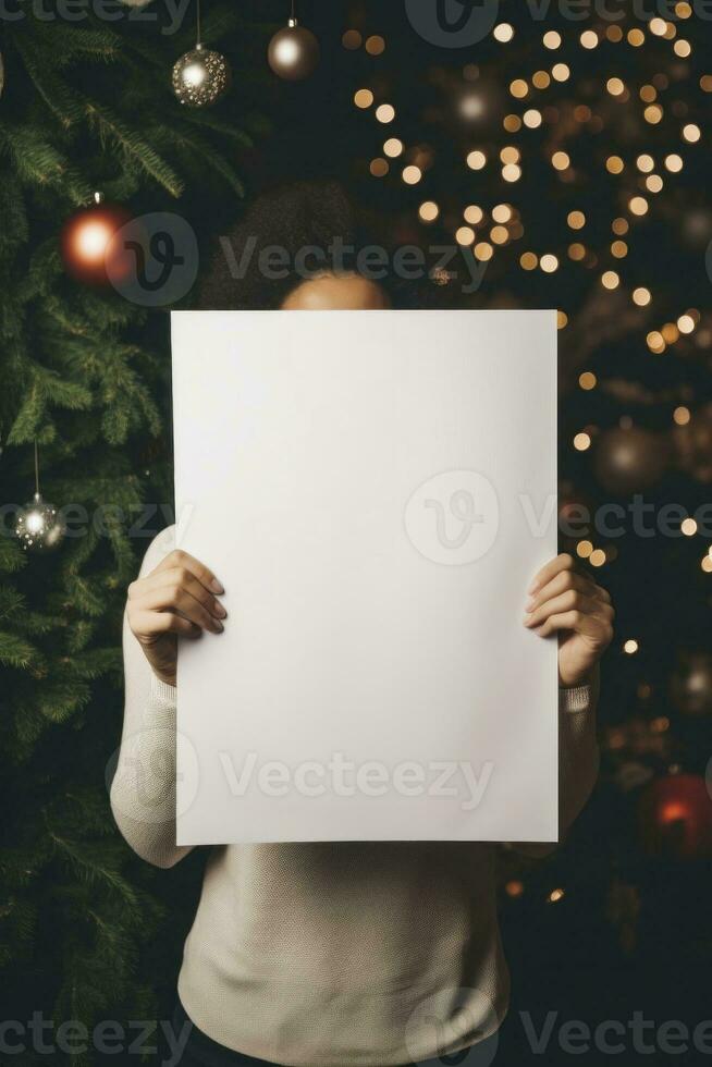 AI Generated Delicate hands of a stylish woman delicately holding a small, blank, white sheet against the enchanting backdrop of a Christmas tree photo