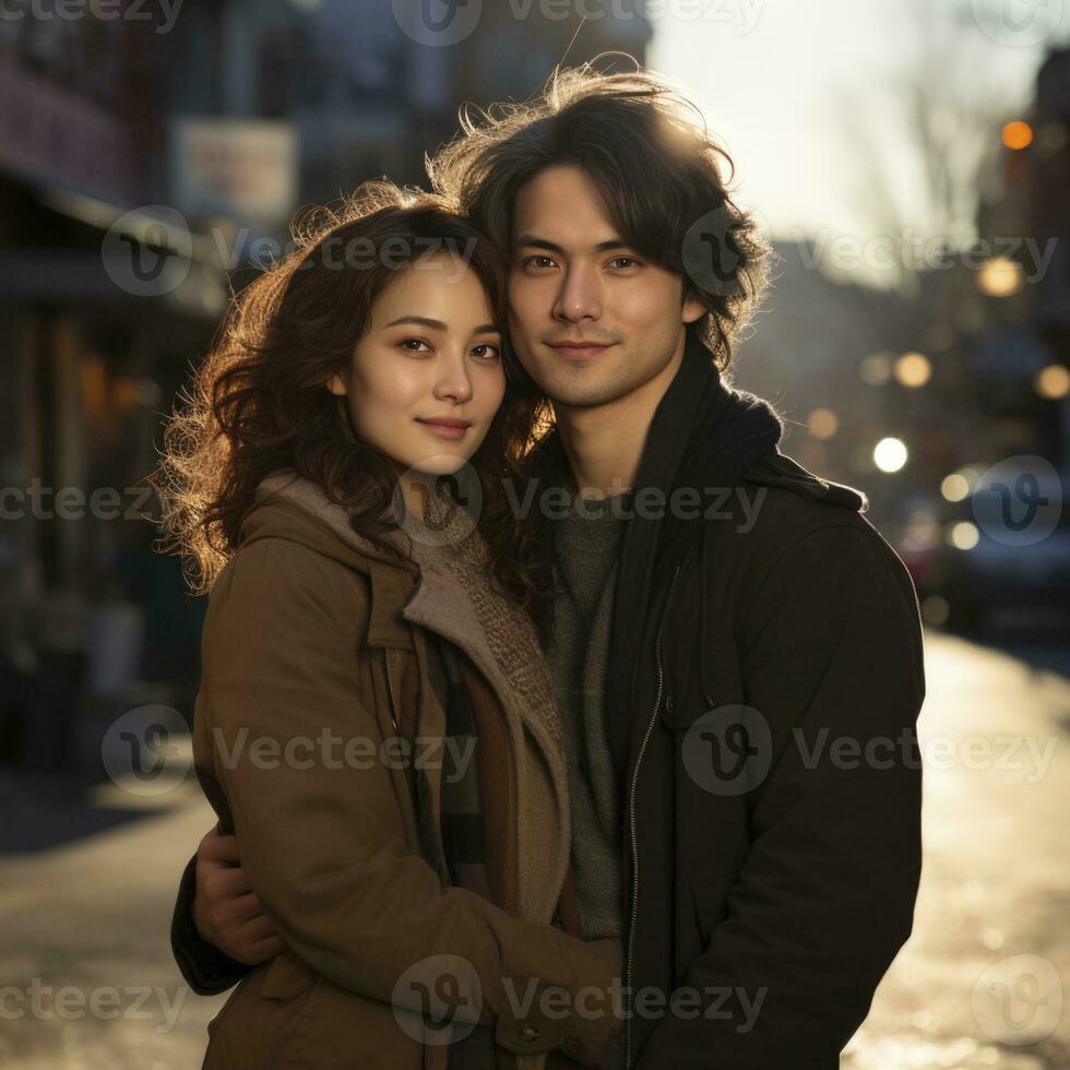 AI Generated Asian couple shares a warm hug, evoking the emotions reminiscent of a dorama or drama photo