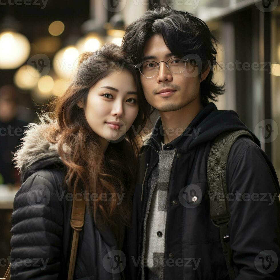 AI Generated Asian couple shares a warm hug, evoking the emotions reminiscent of a dorama or drama photo