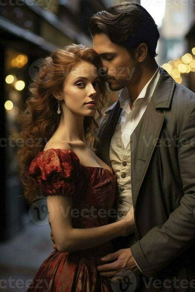 AI Generated The gentle affection between the Victorian couple on this romance novel cover is heartwarming. photo