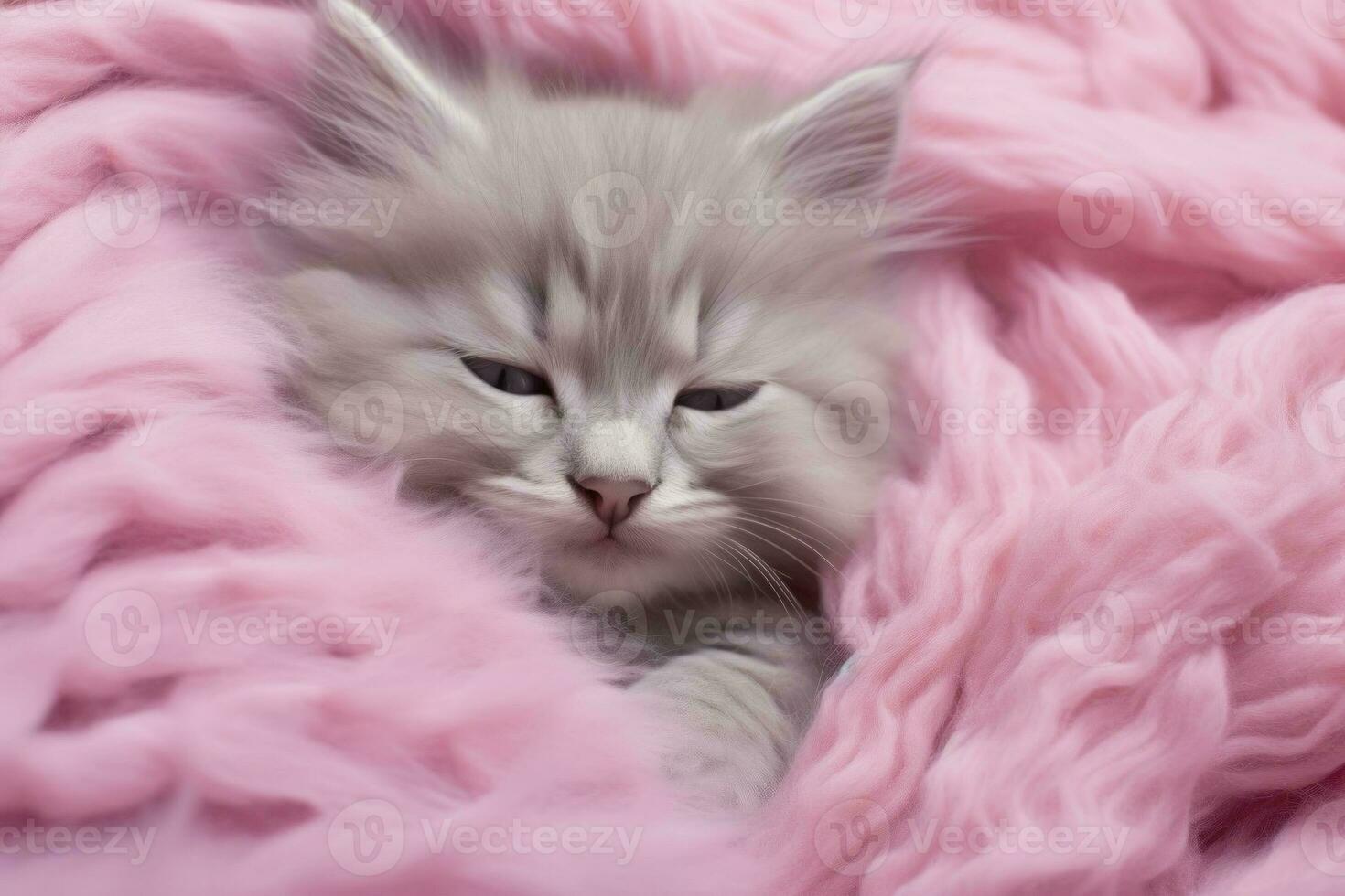 AI Generated a gray cute kitten peacefully dozes off on a soft pink blanket photo