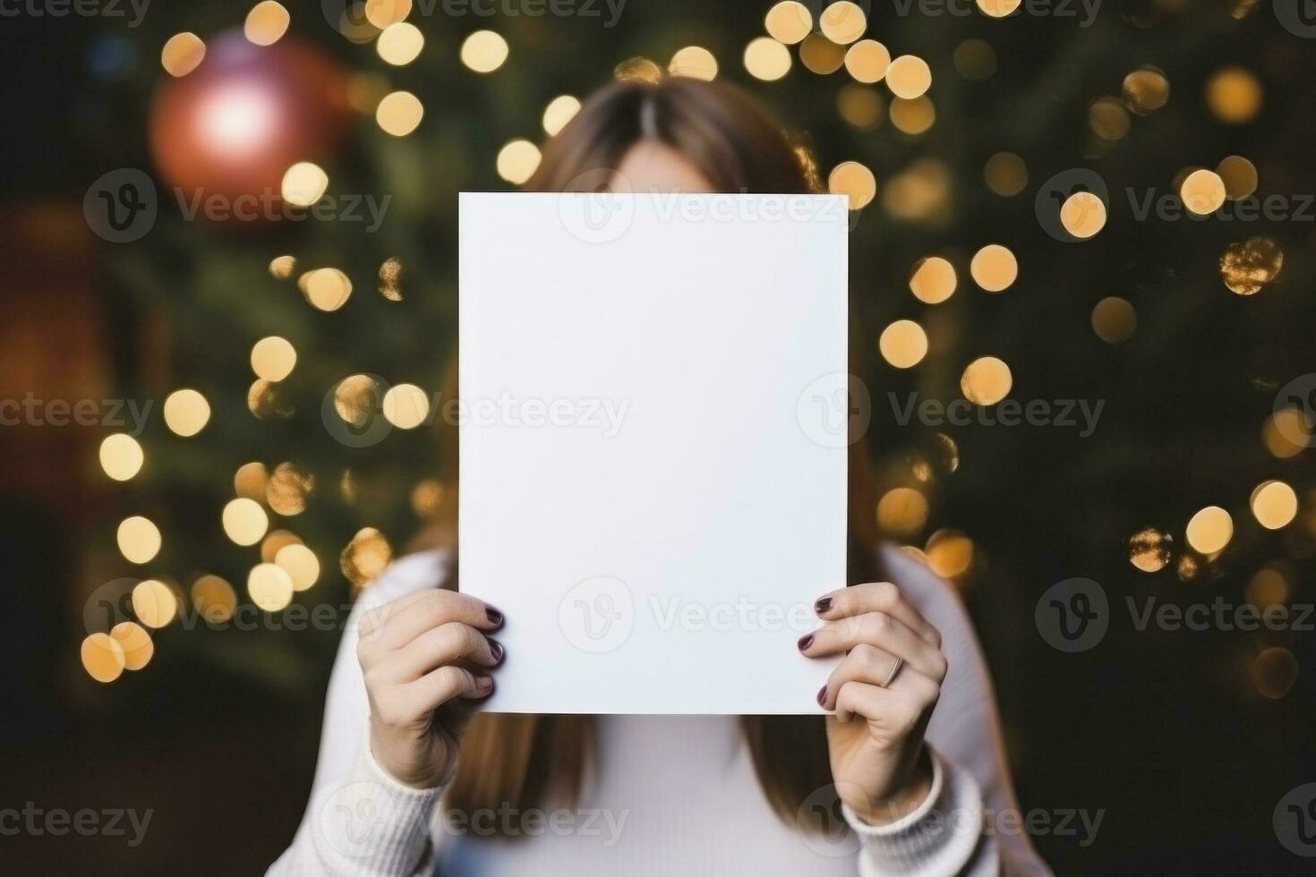 AI Generated Delicate hands of a stylish woman delicately holding a small, blank, white sheet against the enchanting backdrop of a Christmas tree photo