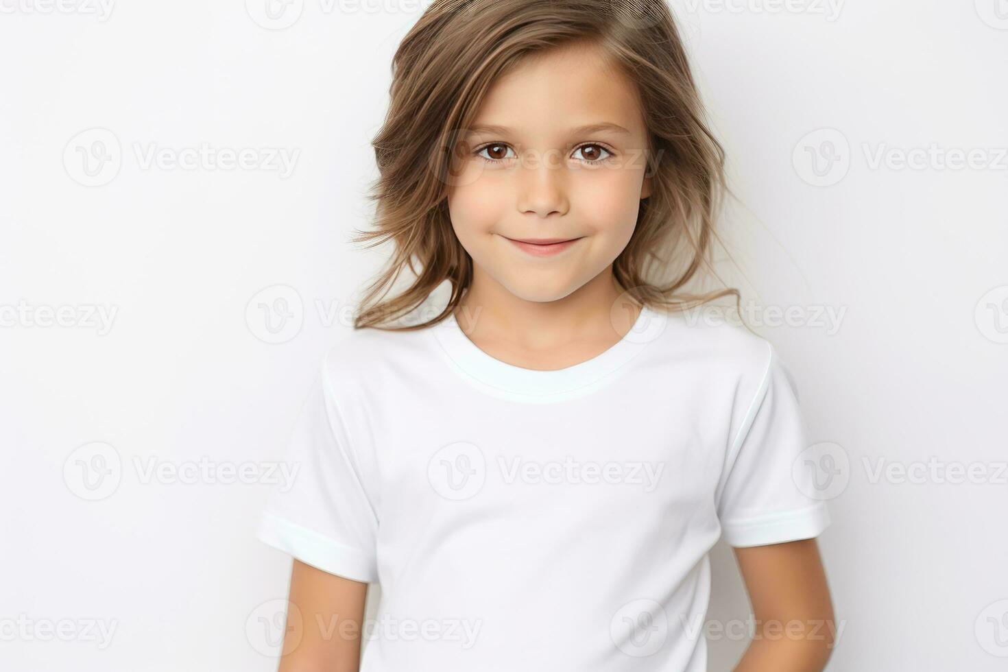 AI generated Little girl in a white t shirt on white background. Cute smiling 6 years old child with long curly hair. Mockup ai generated photo