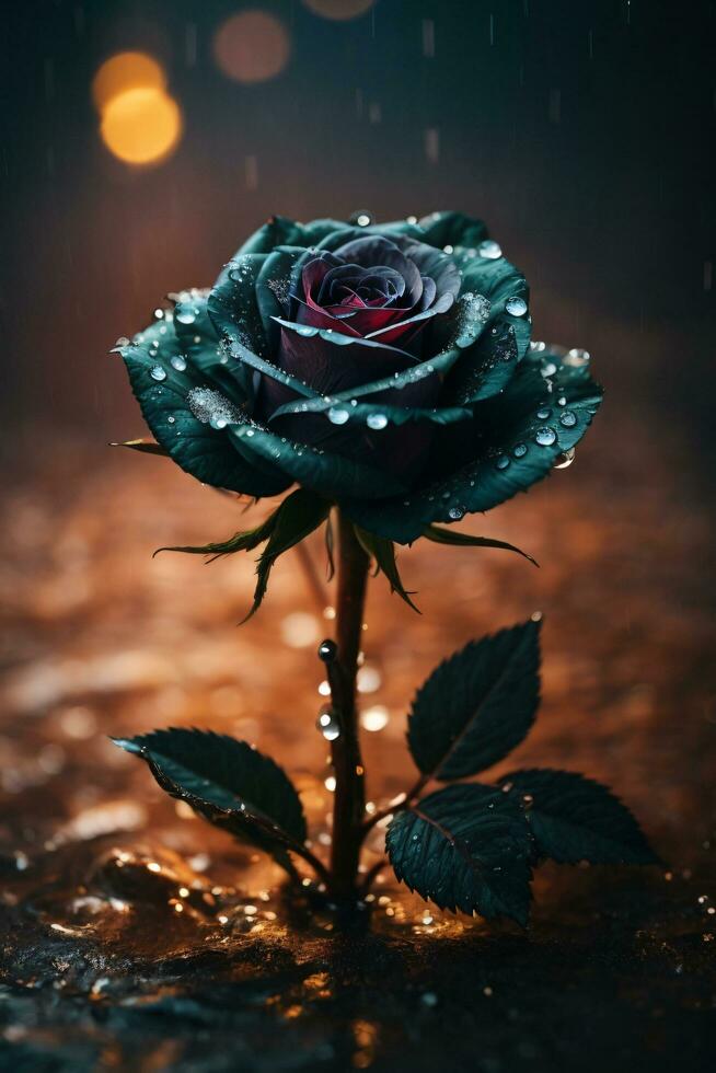 AI generated Black Rose surrounded by fog, Water Droplets and Warm Lighting photo