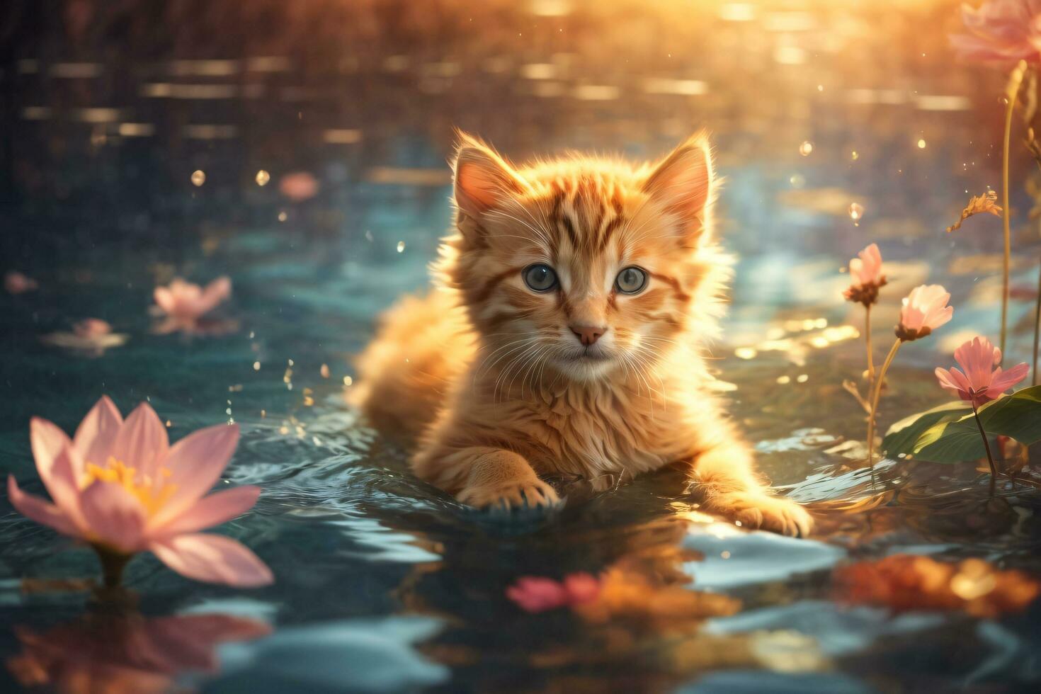 AI generated Little Kitten Gracefully Swimming in a Magical, Ethereal Environment, Evoking Wonder and Enchantment, Bathed in the Soft, Warm Hues of a Setting Sun's Golden Glow photo