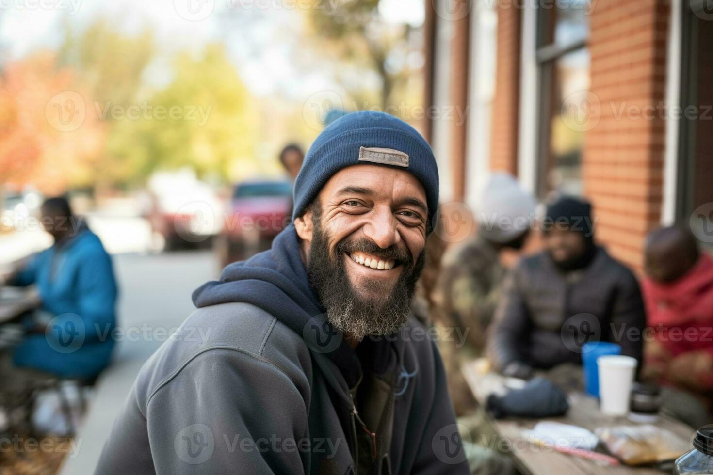 AI generated Smiling homeless man eating free food in a street canteen photo