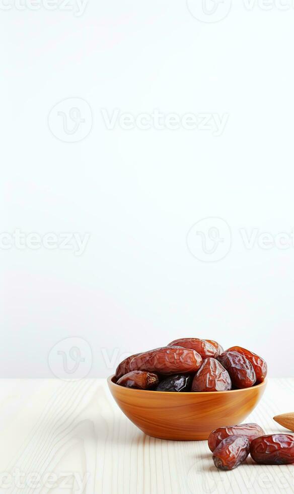 AI generated bowl dates on wooden, white background, ramadan photo