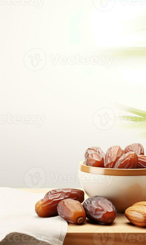 AI generated bowl dates on wooden, white background, ramadan photo