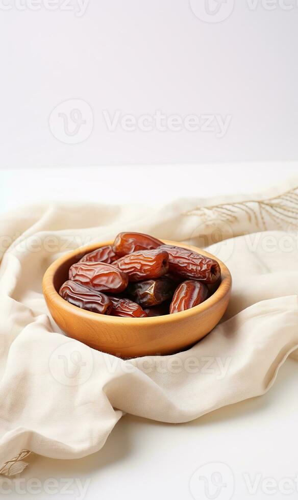 AI generated bowl dates on wooden, white background, ramadan photo