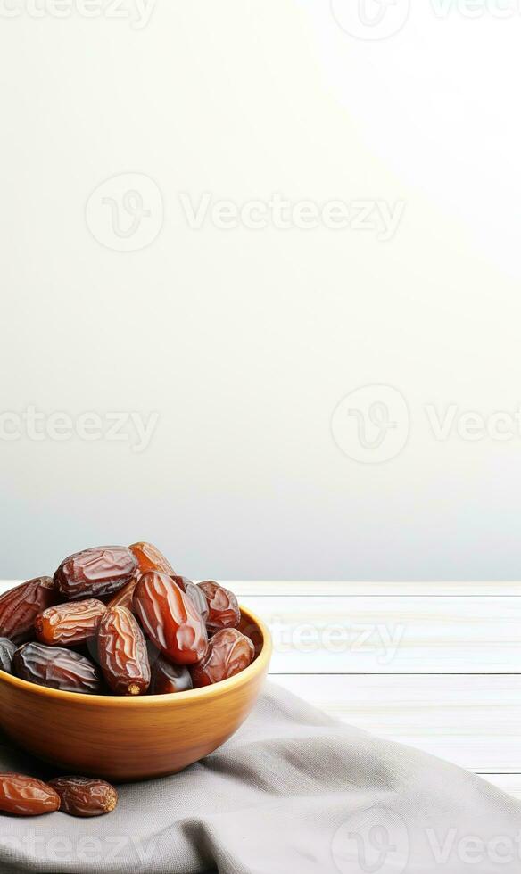 AI generated bowl dates on wooden, white background, ramadan photo