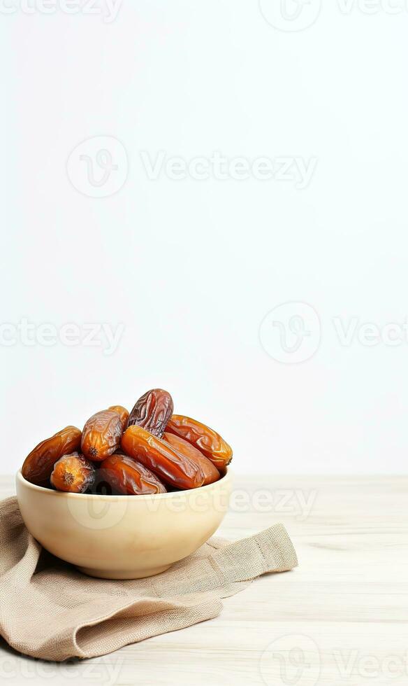 AI generated bowl dates on wooden, white background, ramadan photo