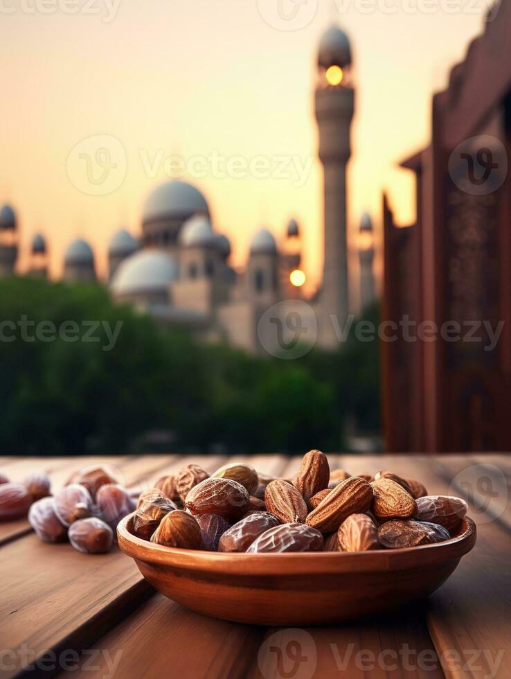 AI generated bowl dates on wooden behind mosque background photo