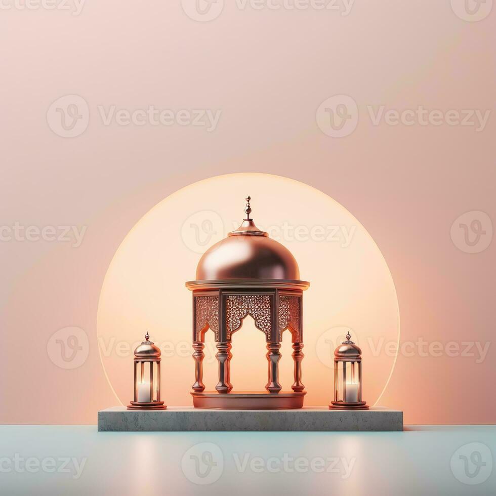 AI generated beautiful burning arabic lantern on wooden table, ramadan background photo