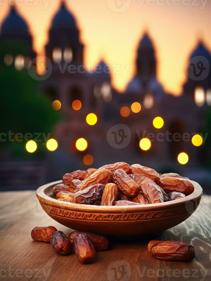 AI generated bowl dates on wooden behind mosque background photo