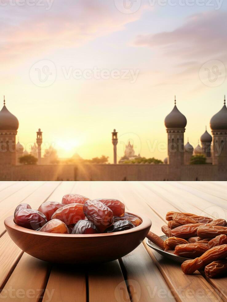 AI generated bowl dates on wooden behind mosque background photo