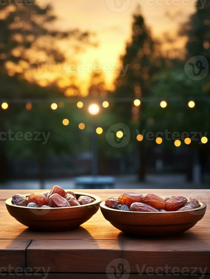 AI generated bowl dates on wooden behind mosque background photo