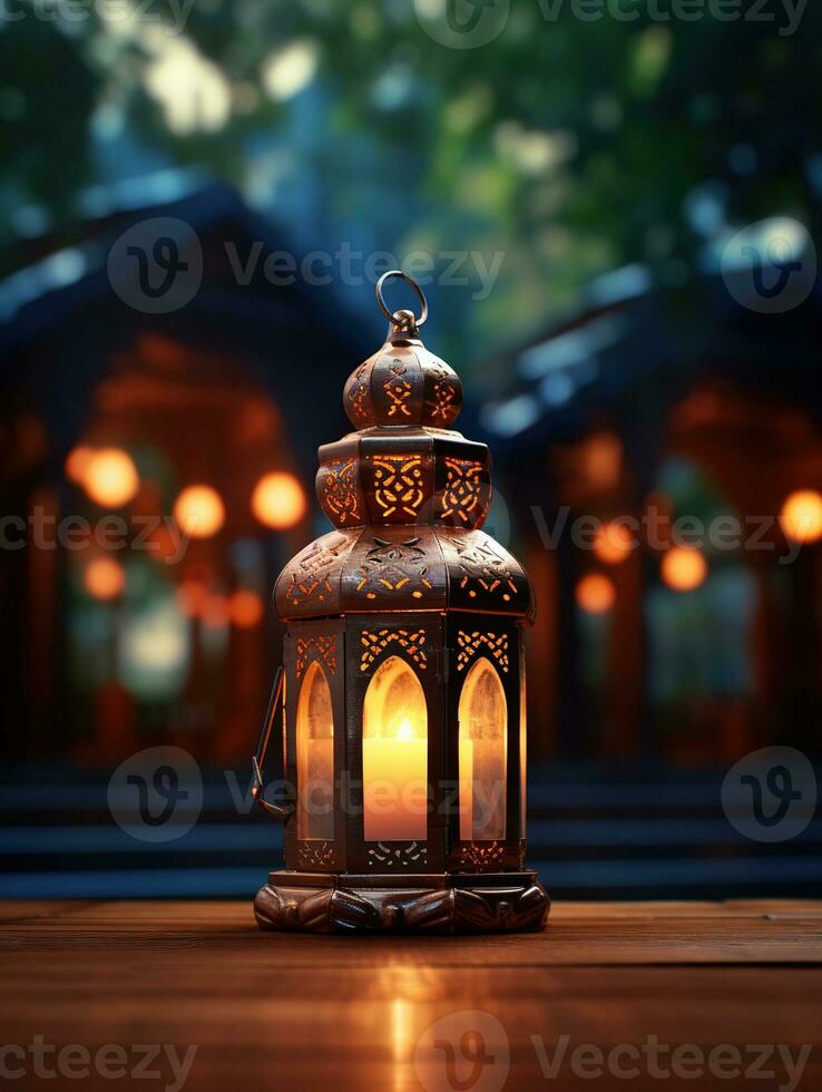 AI generated beautiful burning arabic lantern on wooden table, ramadan background with copy space for text photo