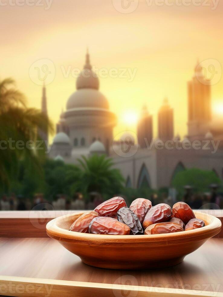 AI generated bowl dates on wooden behind mosque background photo