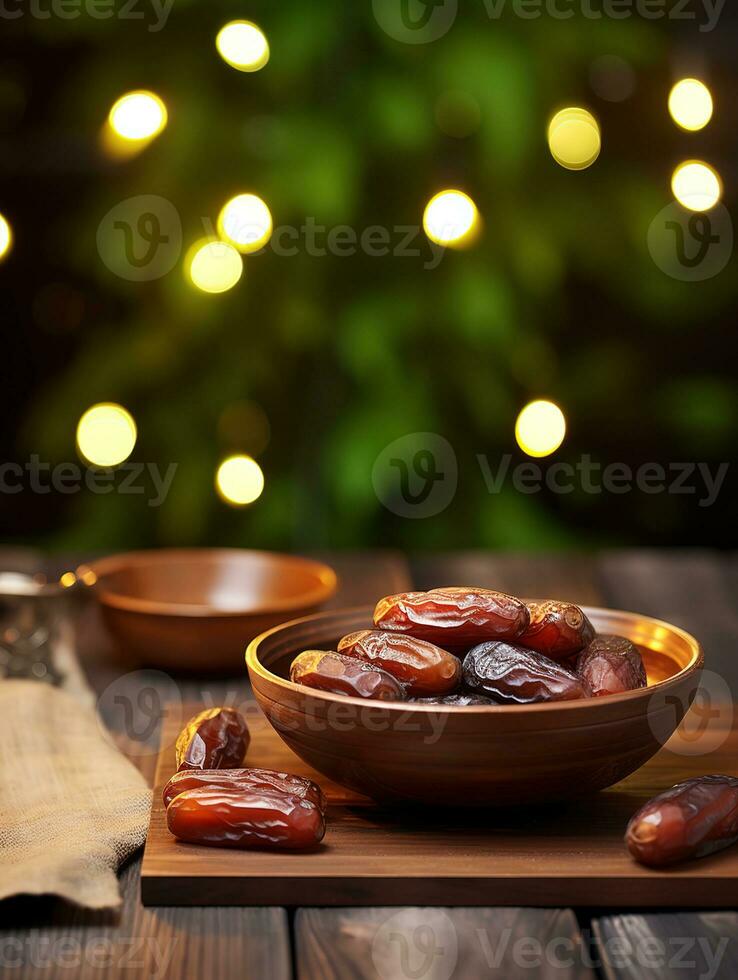 AI generated bowl dates on wooden behind mosque background photo