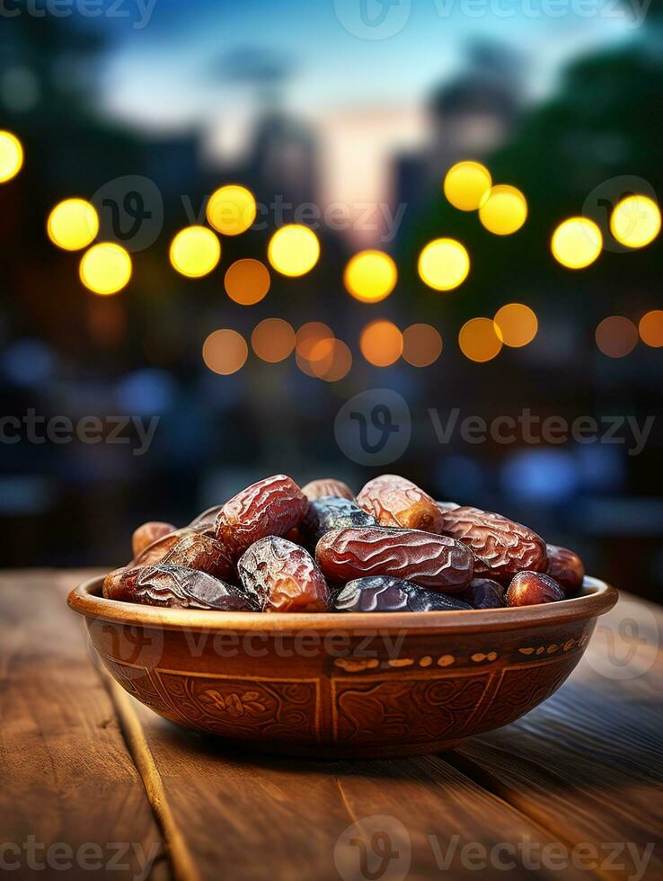 AI generated bowl dates on wooden behind mosque background photo