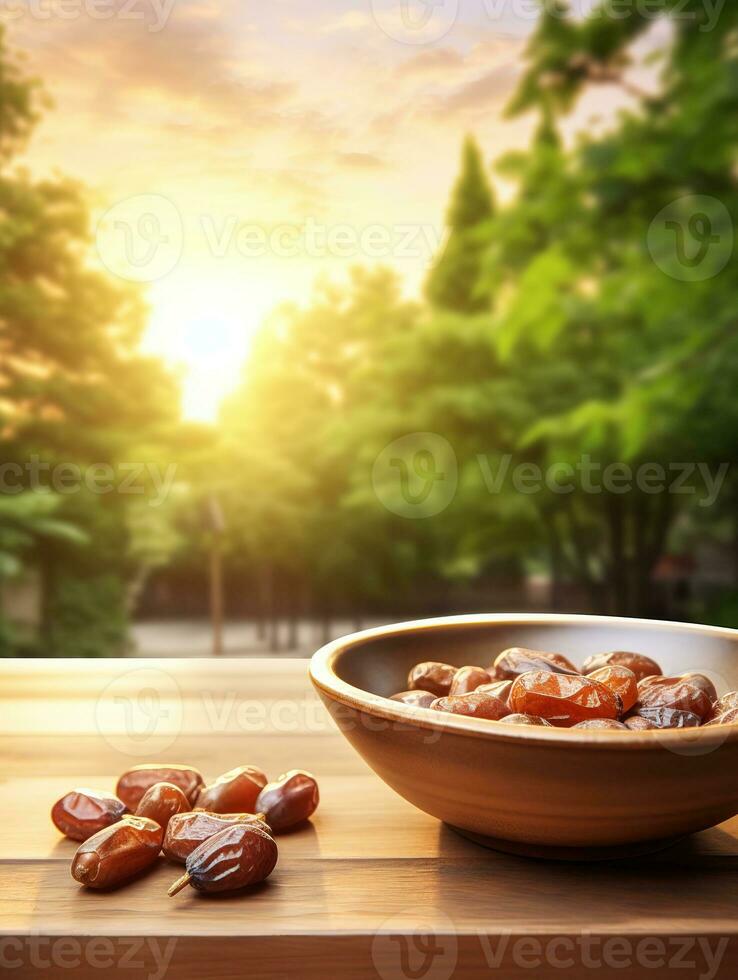 AI generated bowl dates on wooden behind mosque background photo