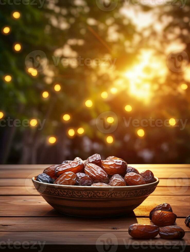 AI generated bowl dates on wooden behind mosque background photo