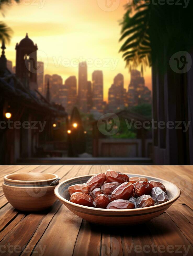 AI generated bowl dates on wooden behind mosque background photo