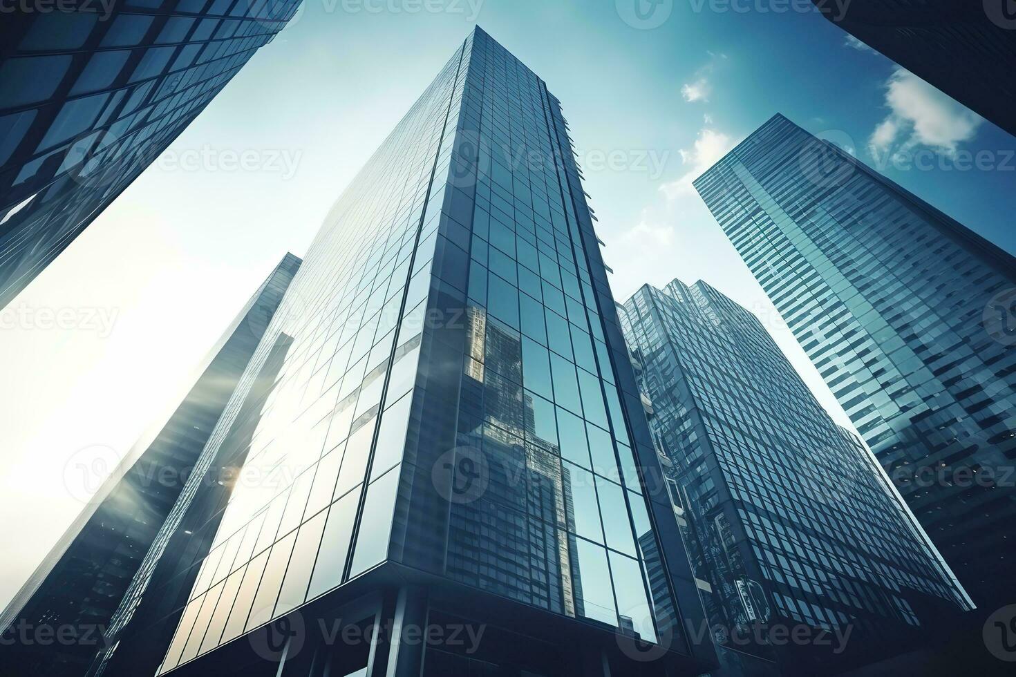 AI generated low angle city building, high tower building, with many glass photo