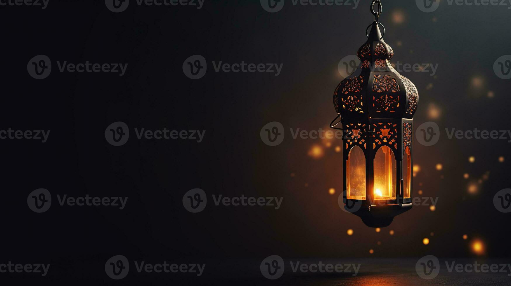 AI generated beautiful burning arabic lantern on wooden table, ramadan background with copy space for text photo