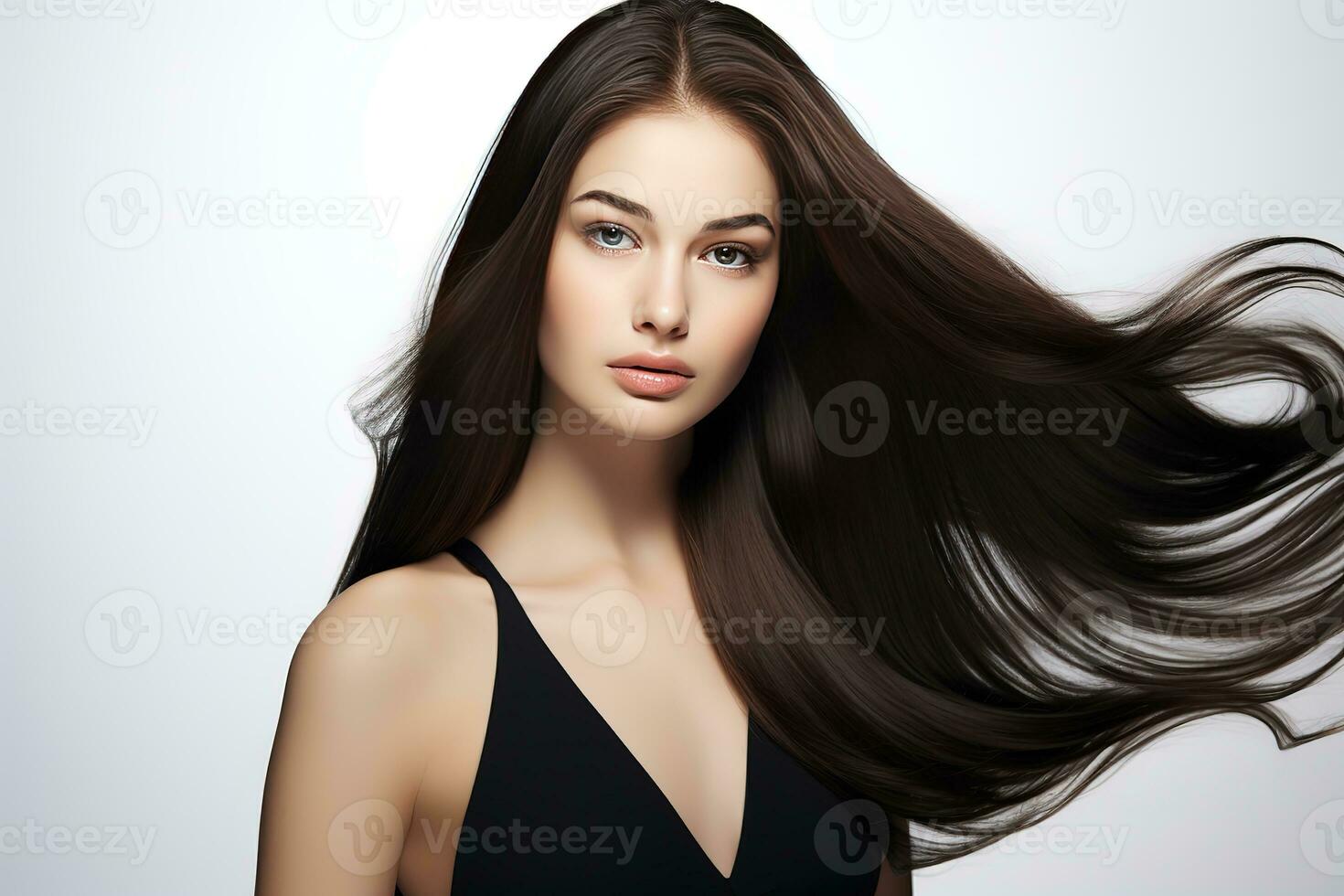 AI generated woman with beautiful long hair wearing black dress photo