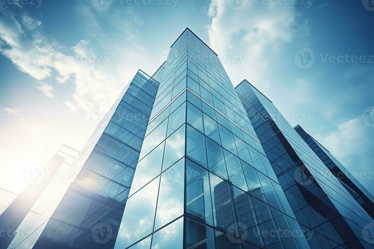 AI generated low angle city building, high tower building, with many glass photo