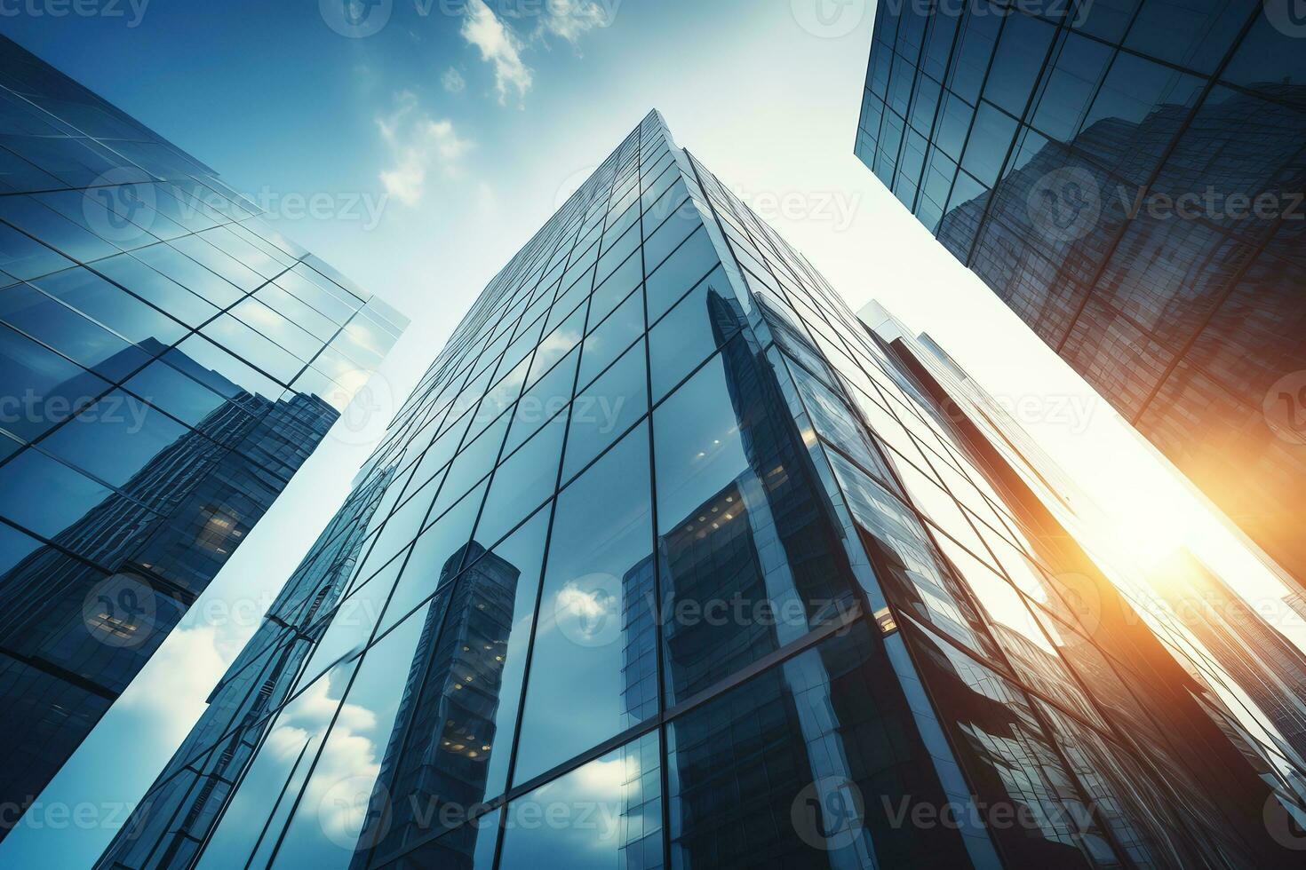 AI generated low angle city building, high tower building, with many glass photo