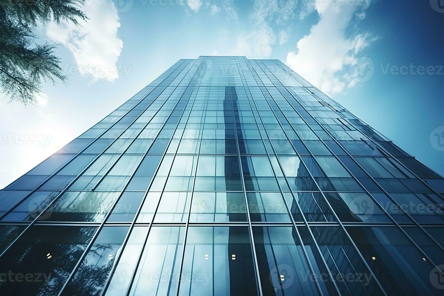 ai generado bajo ángulo ciudad edificio, alto torre edificio, con muchos vaso foto