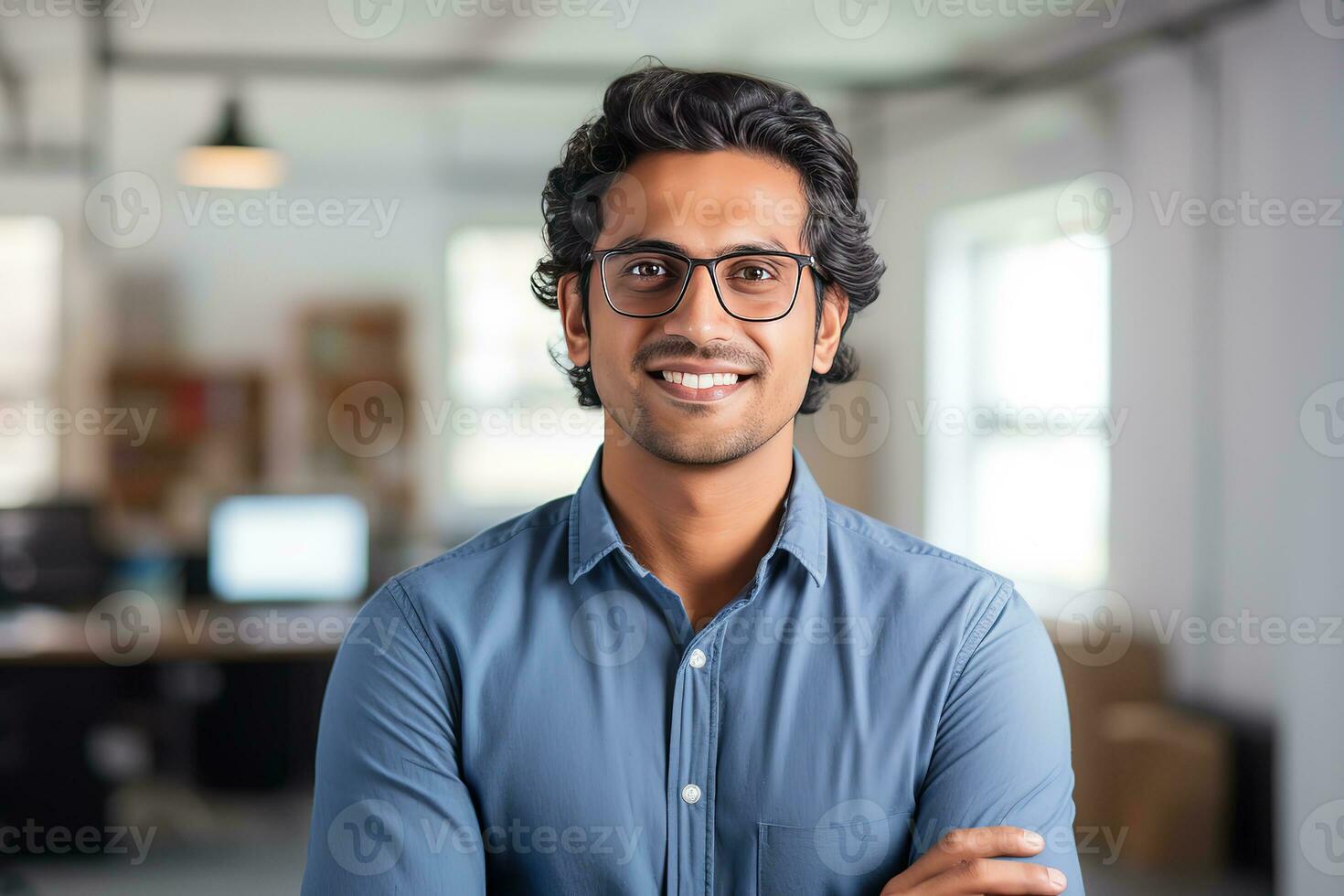 ai generado un joven indio masculino diseñador, ingeniero, arquitecto quien es vistiendo lentes y un azul camisa sonriente en pie en el oficina y mirando a el cámara foto