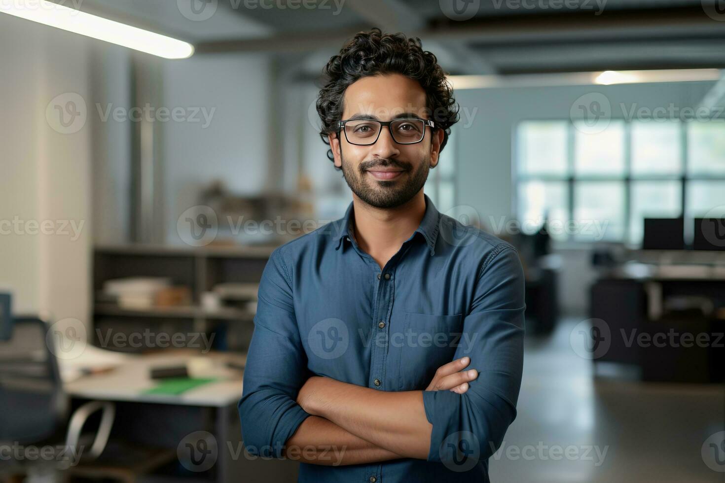 AI generated a young Indian male designer, engineer, architect who is wearing glasses and a blue shirt smiling standing in the office and looking at the camera photo