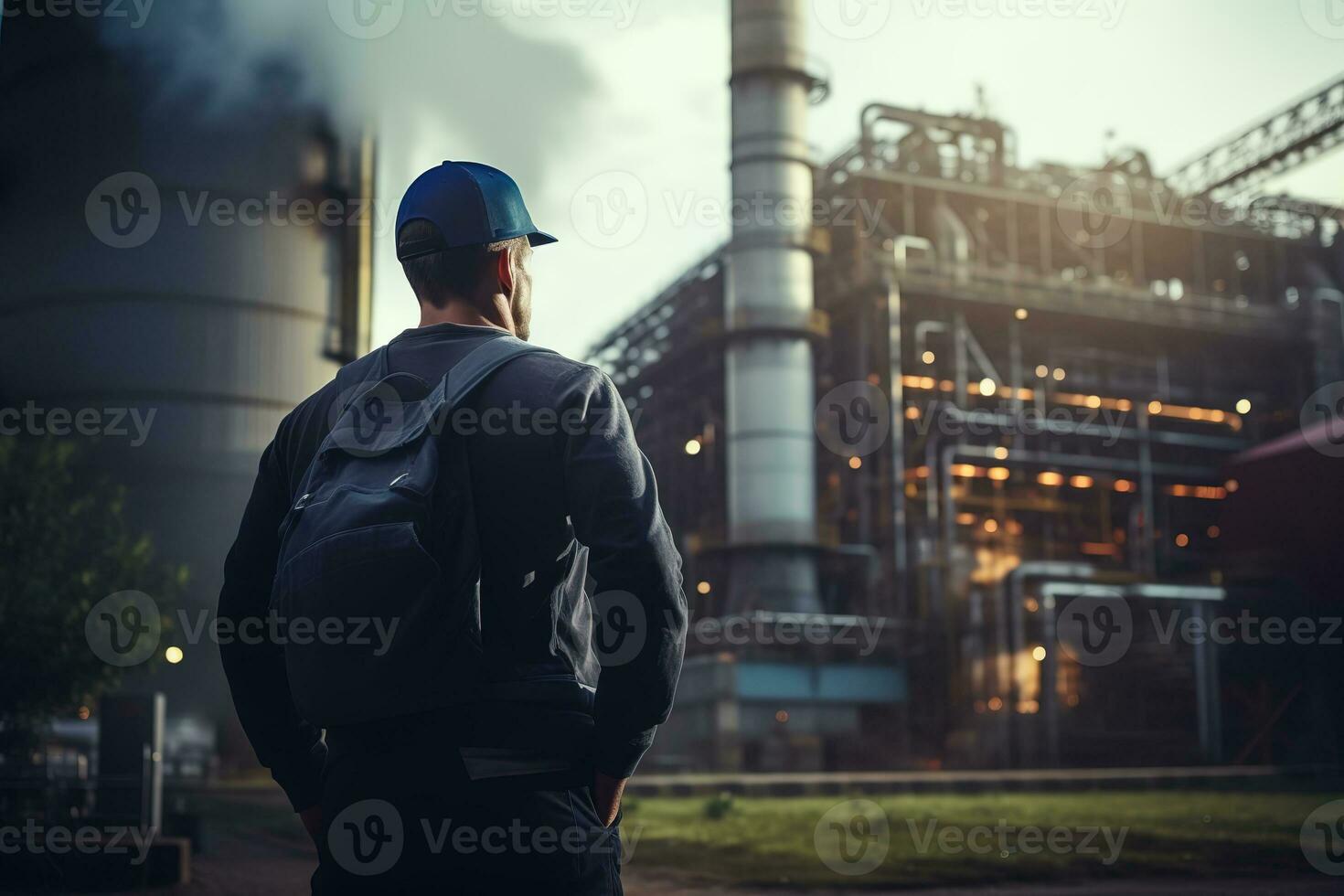 AI generated closed up back view engineer looking at power plant on outside photo