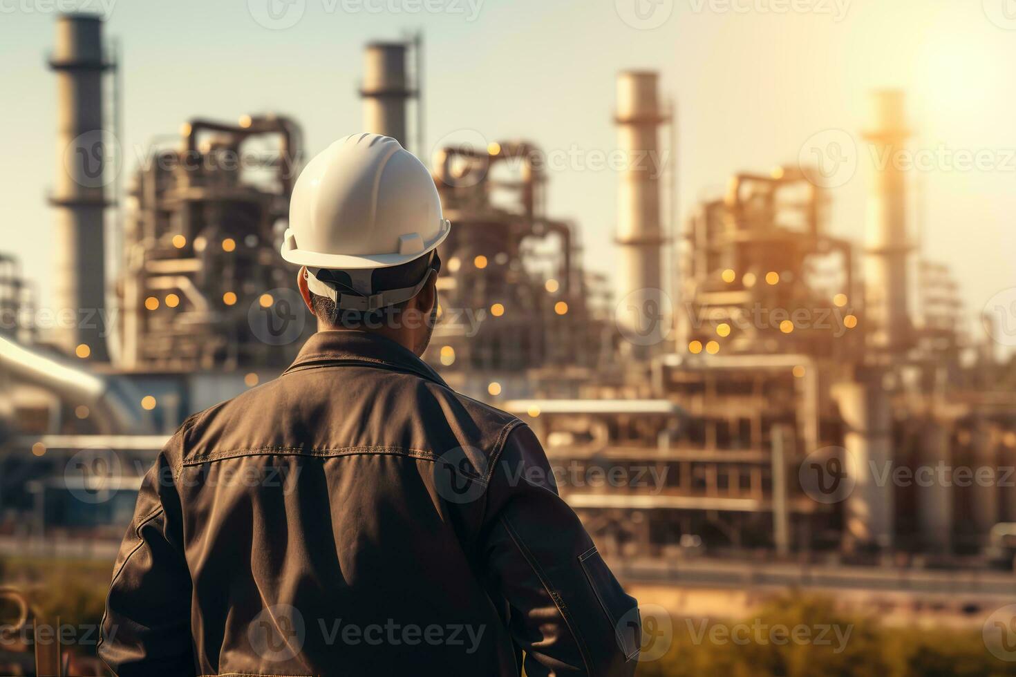 ai generado cerrado arriba espalda ver ingeniero mirando a poder planta en fuera de foto