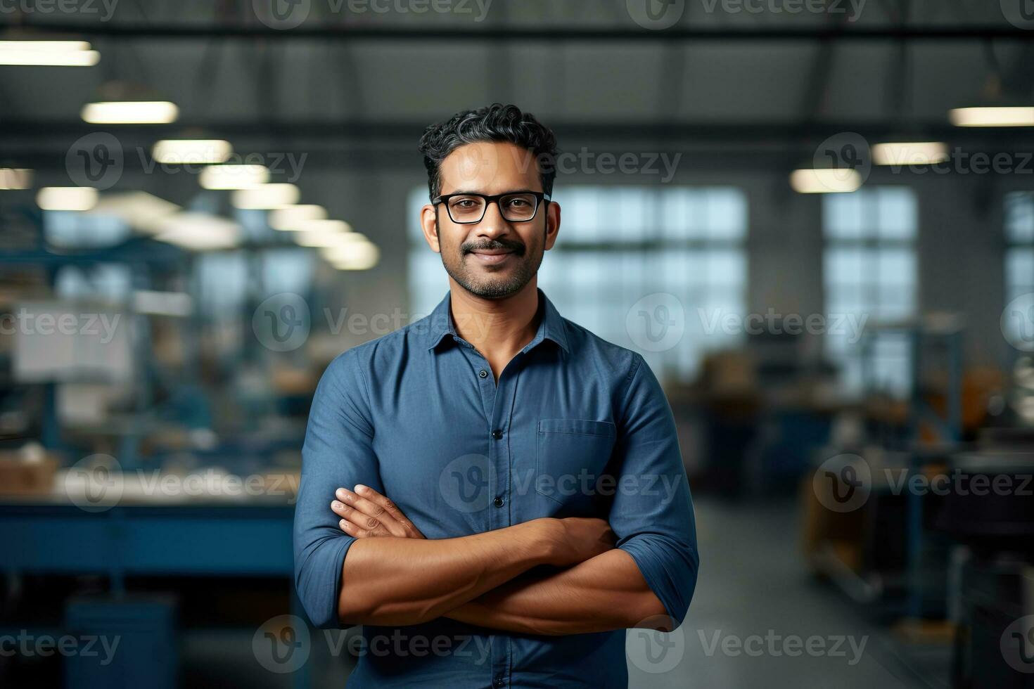 AI generated a young Indian male designer, engineer, architect who is wearing glasses and a blue shirt smiling standing in the office and looking at the camera photo