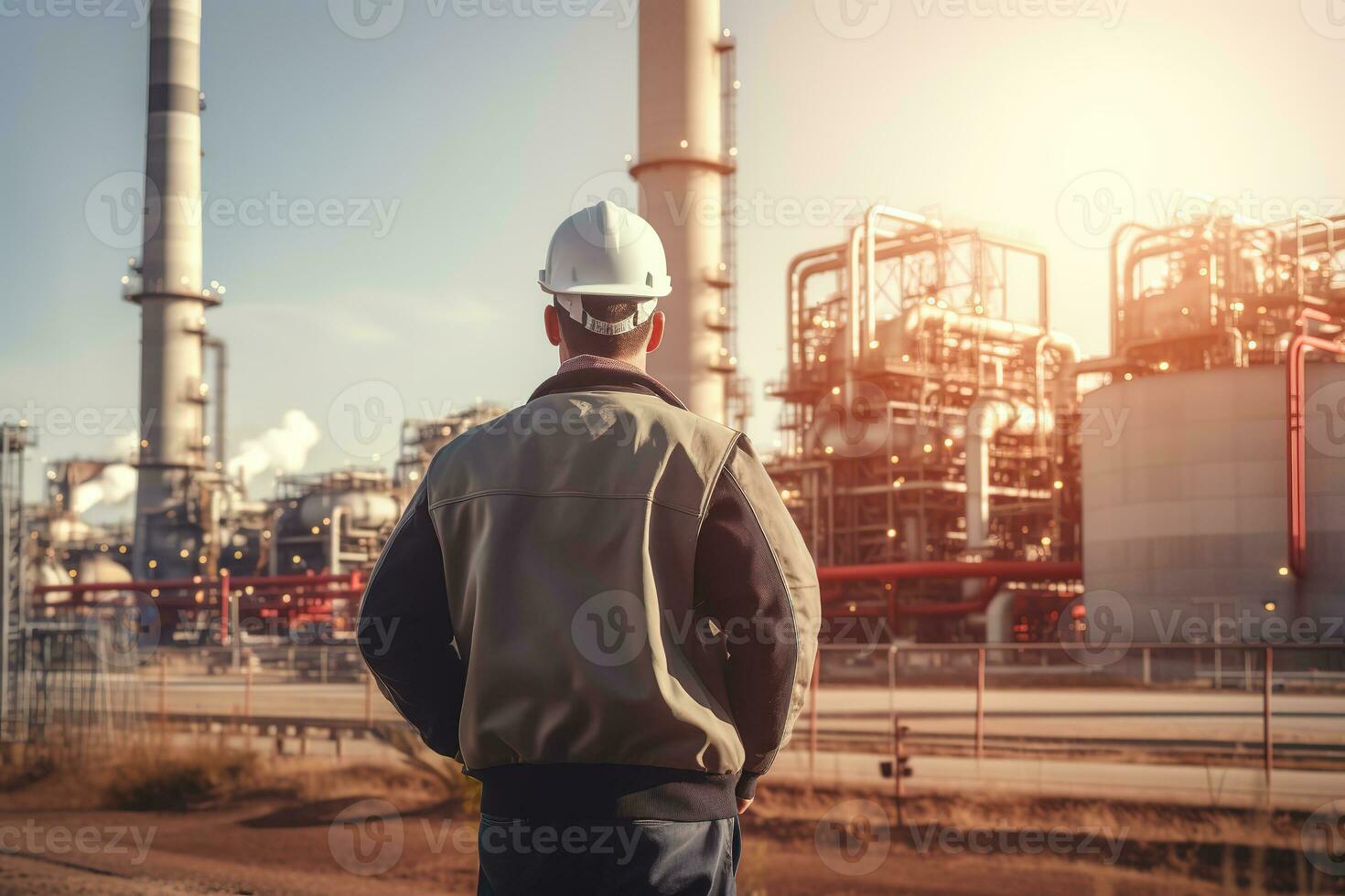 ai generado cerrado arriba espalda ver ingeniero mirando a poder planta en fuera de foto