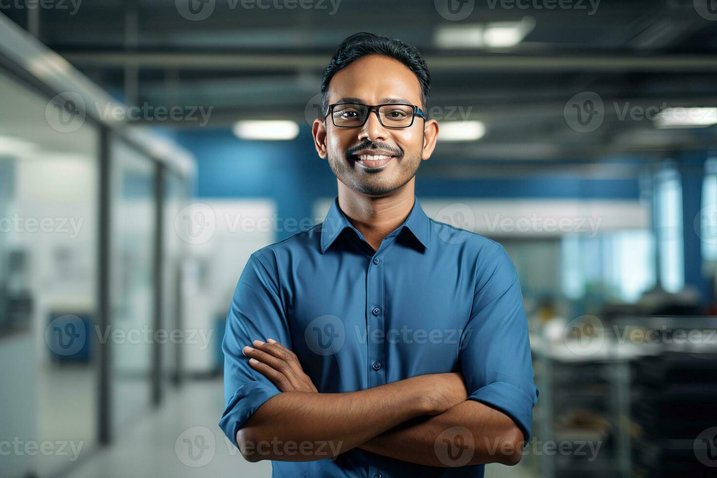 ai generado un joven indio masculino diseñador, ingeniero, arquitecto quien es vistiendo lentes y un azul camisa sonriente en pie en el oficina y mirando a el cámara foto