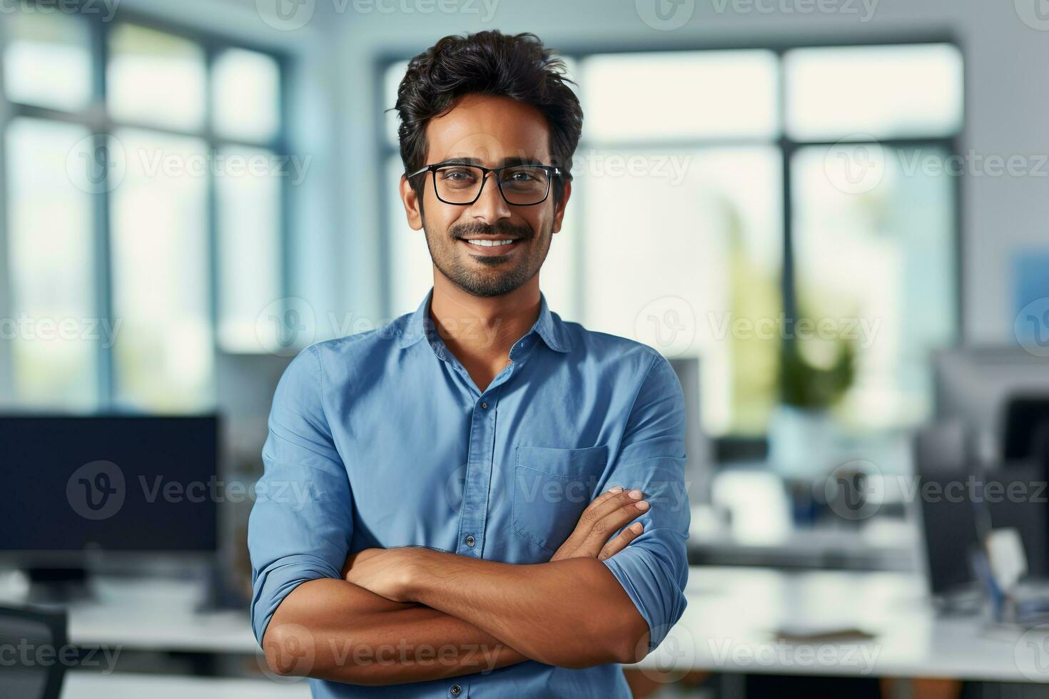 AI generated a young Indian male designer, engineer, architect who is wearing glasses and a blue shirt smiling standing in the office and looking at the camera photo