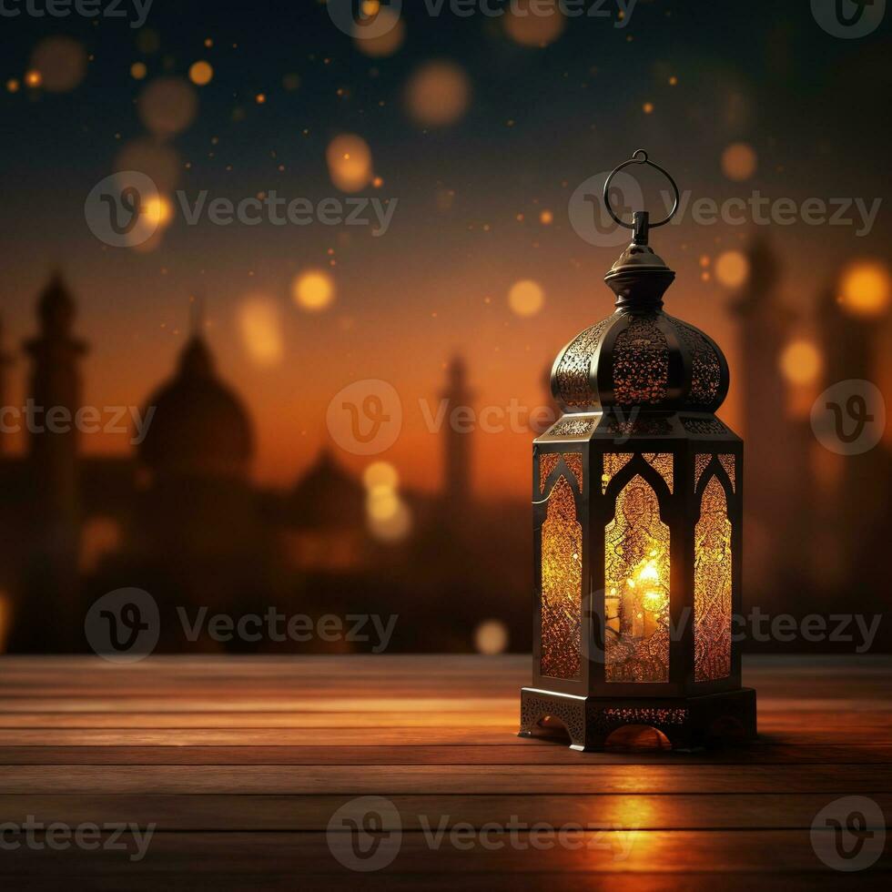 AI generated beautiful burning arabic lantern on wooden behind mosque background, ramadan photo
