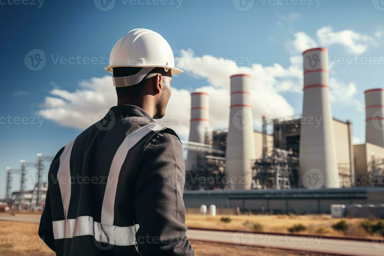 ai generado cerrado arriba espalda ver ingeniero mirando a poder planta en fuera de foto