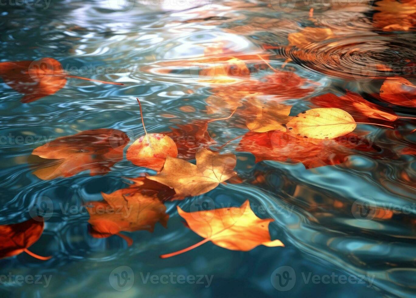 AI Generated Red gold amber leaves floating in a water photo