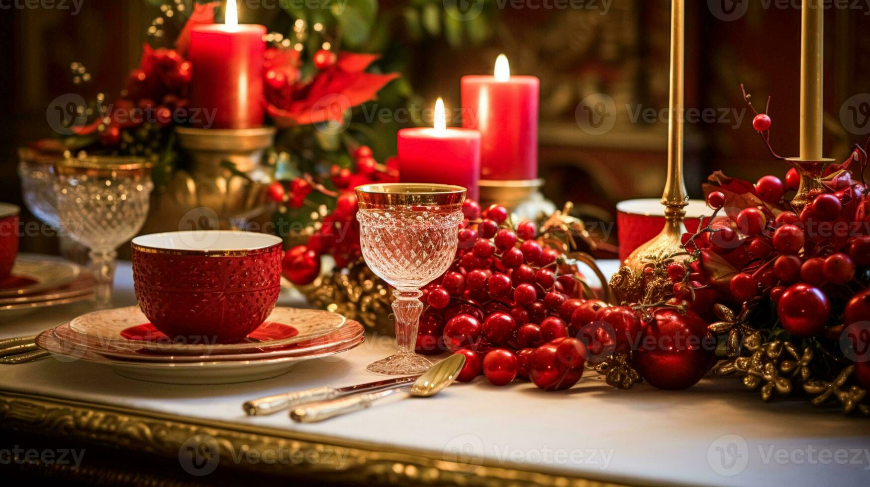 AI generated Holiday tablescape, golden formal dinner table setting, table scape with gold decoration for wedding party and event celebration, generative ai photo