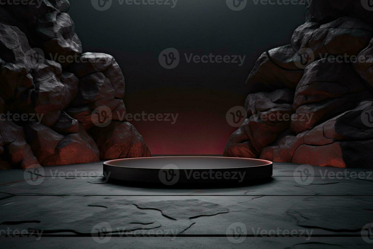 round black podium with rocks and cave neon red lighting . minimalist design in the night to display fashion products photo