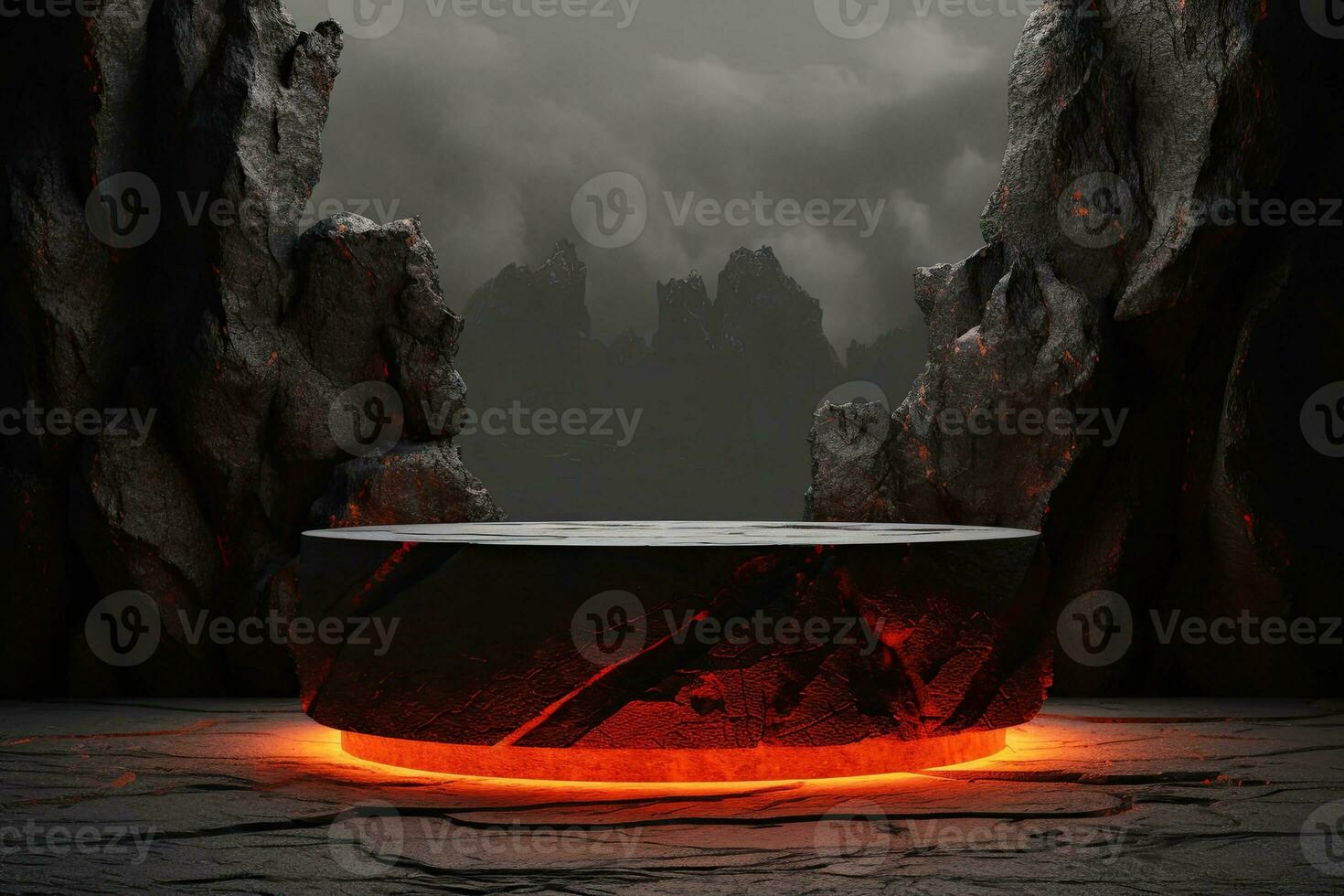 a round stone podium on top of a cliff with neon lighting or hot lava inside. minimalist design with white steam or smoke to display fashion products photo