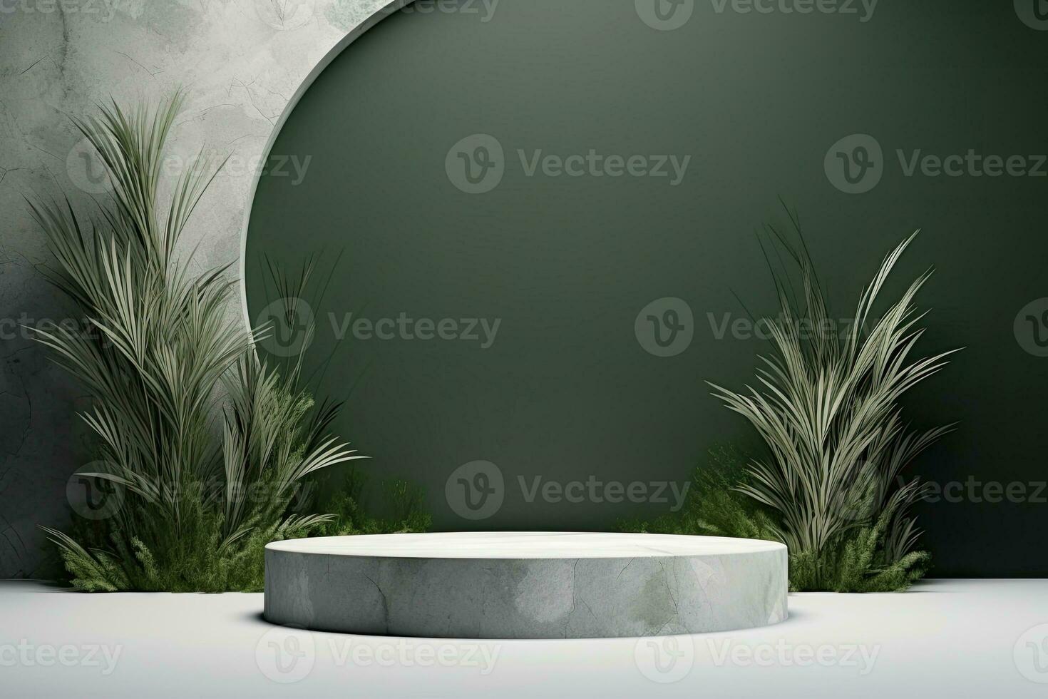 marble podium with arch. behind there is moss, ferns, leaves, tall grass. against a muted green wall background photo