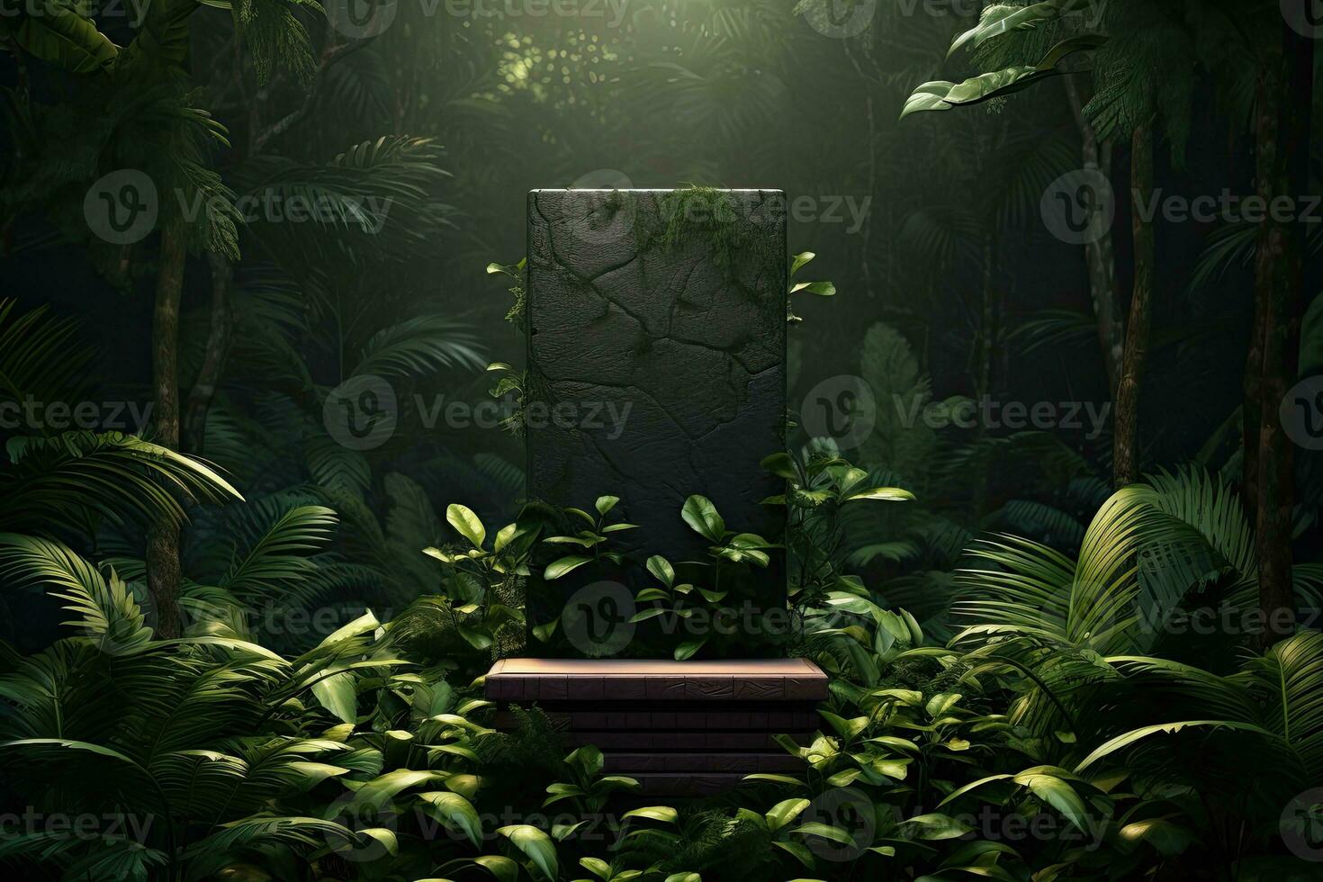 An ancient stone monument overgrown with moss and cracks. ideal for presentations. around the bright tropical jungle illuminated by the sun's rays photo