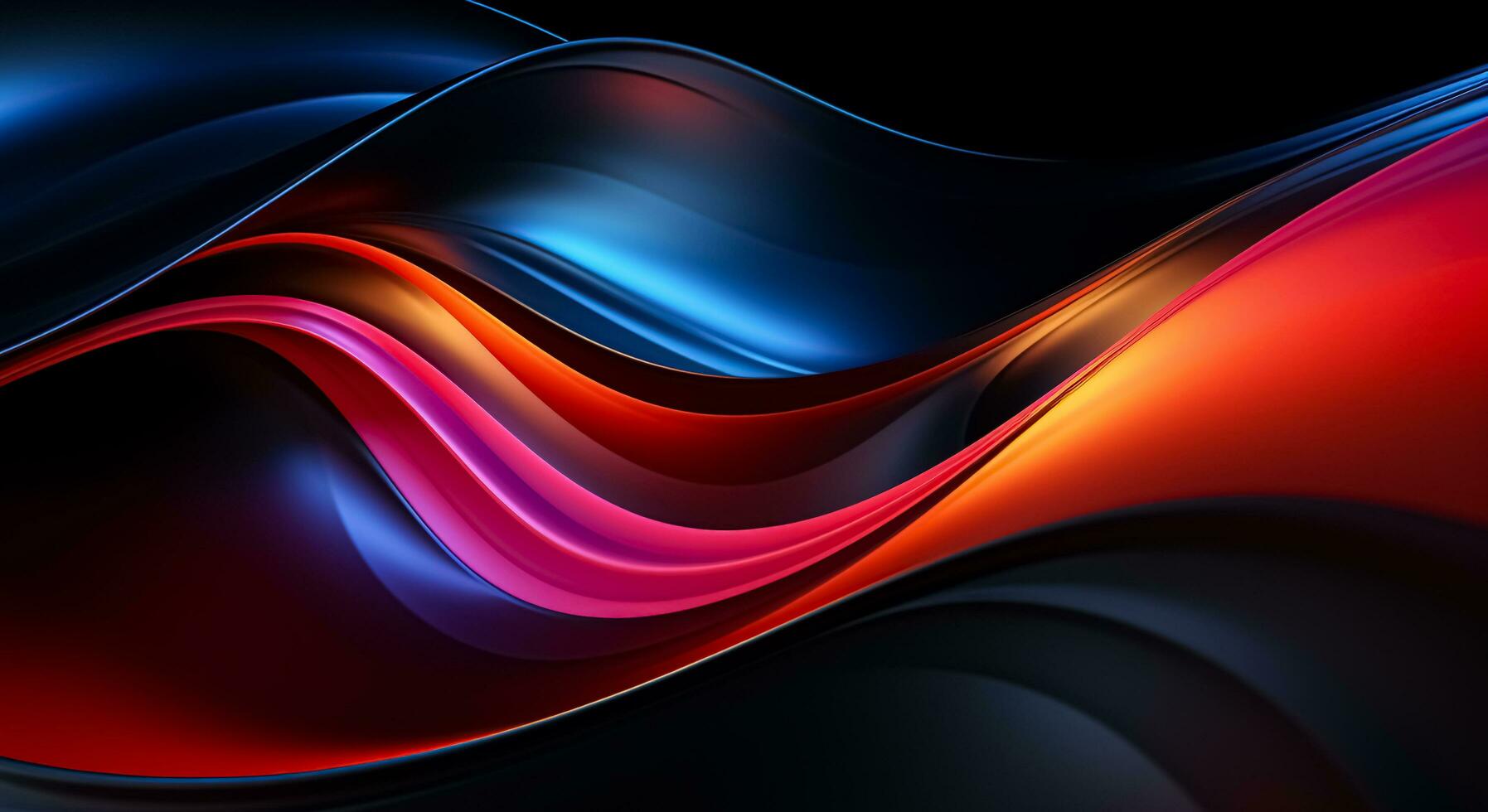 AI generated 3D abstract liquid metallic shapes glowing in ultraviolet spectrum with curvy neon lines on black background. Vivid holographic gradient. Futuristic energy concept photo